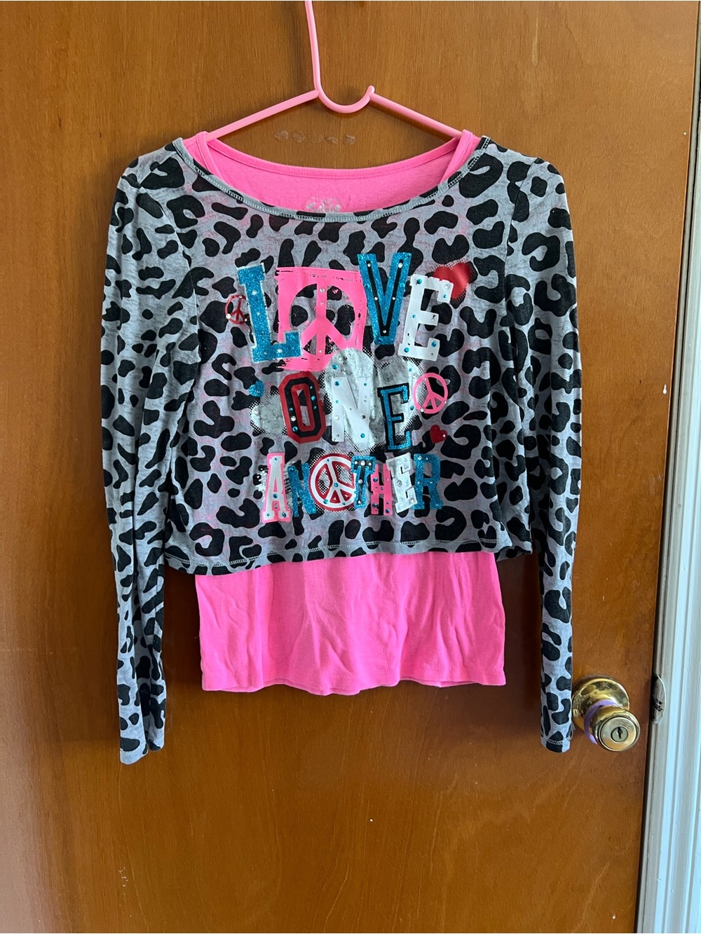 Justice Gray Leopard Layered Long-Sleeve Top with Pink Underlayer